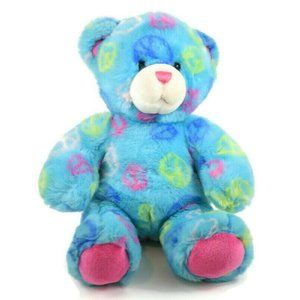 Build A Bear Blue Pink Hippie Peace Sign Bear 13" Tall Plush Stuffed Animal BAB